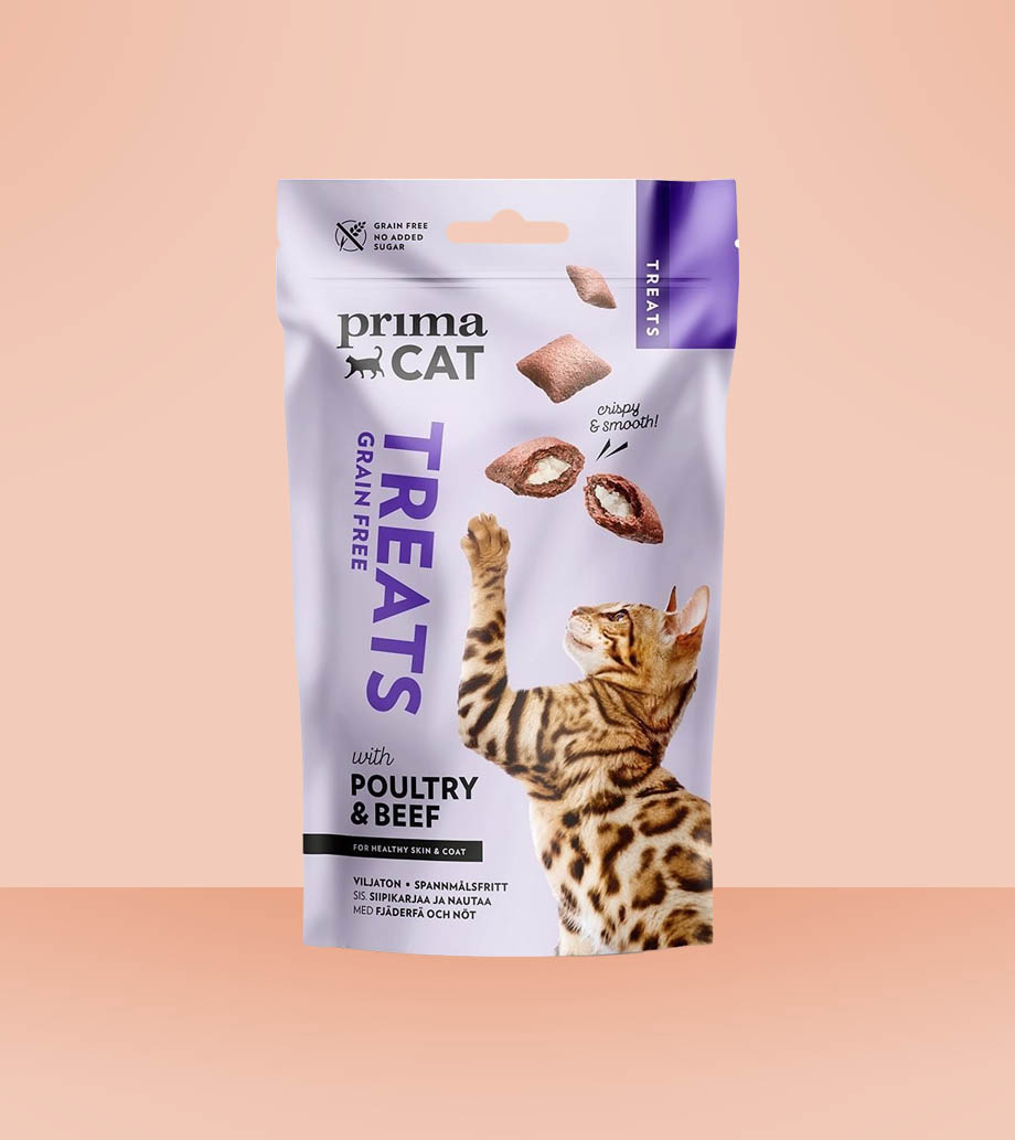 Darček PrimaCat Skin&coat chrumkavá maškrta 40g Mačacie maškrty PrimaCat Skin Coat s lososovým olejom a taurínom