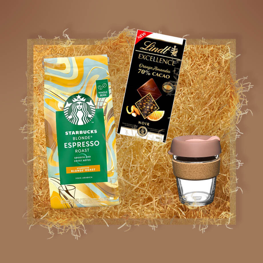 Luxusný set: KeepCup sklenený hrnček, Starbucks ® Blonde Espresso Roast káva a LINDT Excellence Passion Orange Almonds čokoláda.