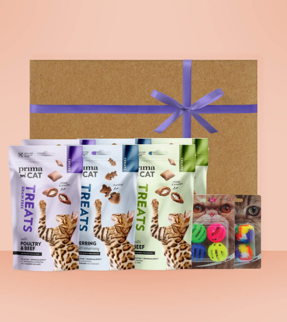Darček pre mačku - Darčekový box Mačací mlsný jazýček PrimaCat - Kompletný balíček pre šťastnú a zdravú mačku s maškrtami a hračkou MAGIC CAT.