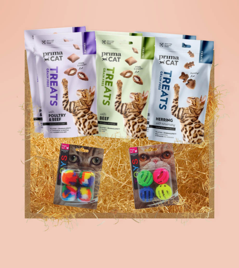 Darček pre mačku – Darčekový box Mačací mlsný jazýček PrimaCat - Kompletný balíček pre šťastnú a zdravú mačku s maškrtami a hračkou MAGIC CAT.