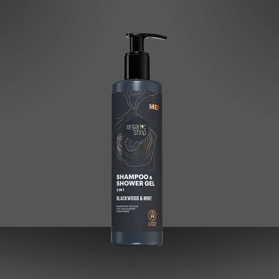 ORGANIC SHOP Blackwood&Mint šampón a sprchový gél 2v1 pre mužov - Osviežujúca každodenná hygiena.