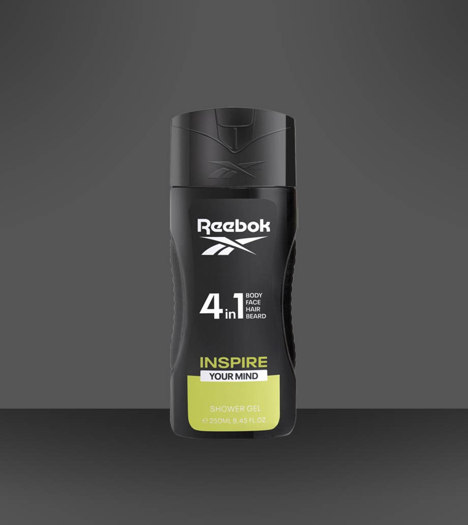Darček pre muža Reebok Inspire Your Mind energizujúci sprchový gél 4v1 250ml Reebok Inspire Your Mind - Luxusný sprchovací prípravok pre mužov