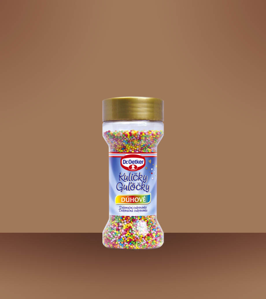 Darček pre ženy Dr. Oetker Guľôčky dúhové 65g Drobné pestrofarebné cukrové dúhové guličky na zdobenie tort a dezertov.