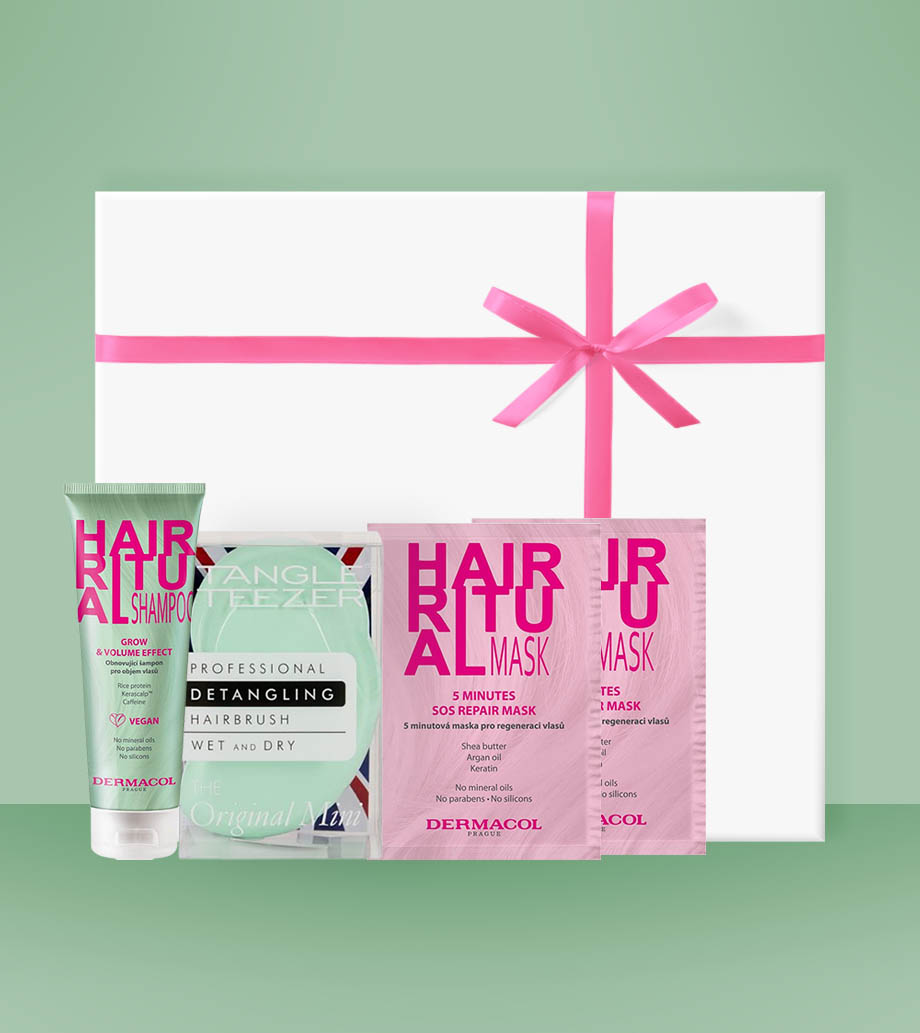 Darček pre ženy, priateľku, mamu, sestru, dcéru, manželku - Kozmetický darčekový box Osviežujúca regenerácia DERMACOL Hair Ritual šampón a maska, TANGLE TEEZER® kefa