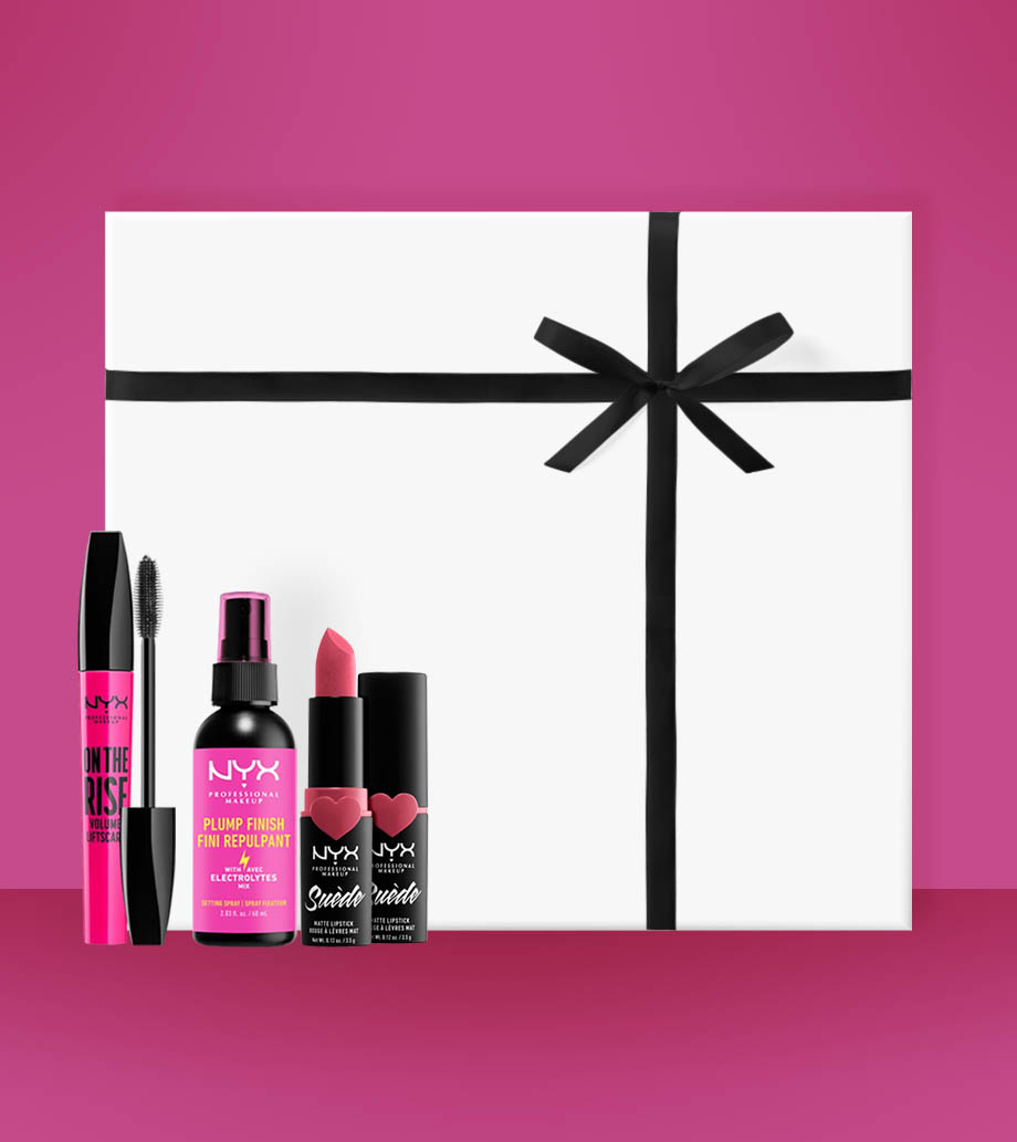 Darček pre ženy, priateľku, mamu, sestru, dcéru, manželku - Kozmetický darčekový box Makeup chick look NYX Professional Makeup kombinovaný vzhľad s On The Rise Volume Liftscara, Suede Matte Lipstick Cannes a Plump Finish Setting Spray pre dokonalý finish.
