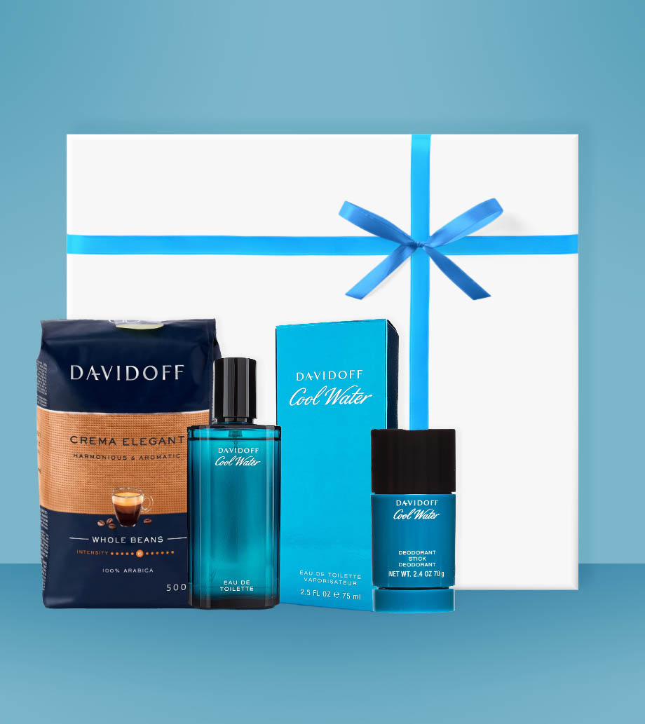 Darček pre muža, otca, manžela, priateľa, brata, kamaráta, gentlemana - Kozmetický darčekový box Cool men style Kolekcia DAVIDOFF Cool Water pre mužov s toaletnou vodou, dezodorantom a kávou Café Créme.