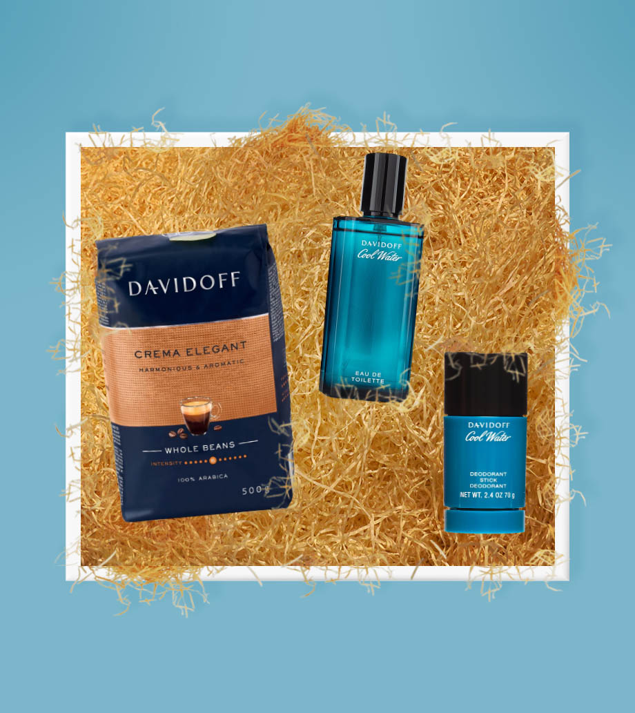 Darček pre muža, otca, manžela, priateľa, brata, kamaráta, gentlemana – Kozmetický darčekový box Cool men style Kolekcia DAVIDOFF Cool Water pre mužov s toaletnou vodou, dezodorantom a kávou Café Créme.