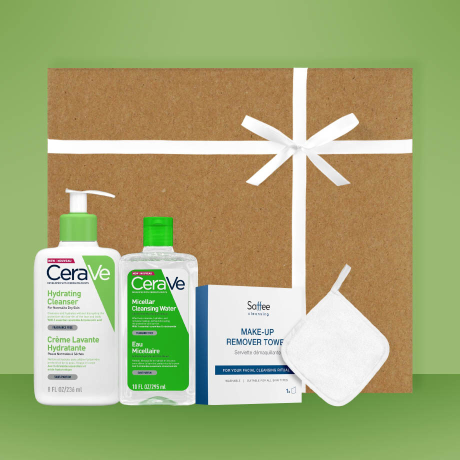 Súbor starostlivosti od CERAVE - Micelárna voda, Čistiaci gél Hydrating Cleanser a Odličovací uterák Saffee Cleansing pre dokonalú starostlivosť o pleť.
