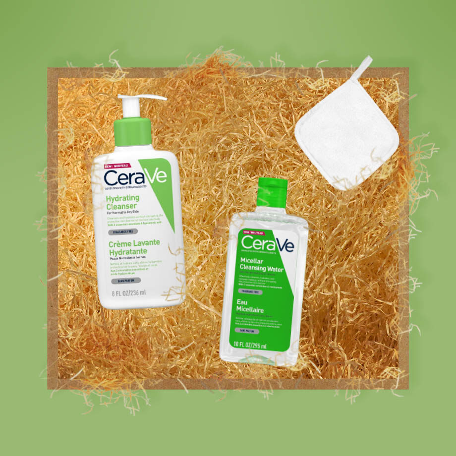 Súbor starostlivosti od CERAVE - Micelárna voda, Čistiaci gél Hydrating Cleanser a Odličovací uterák Saffee Cleansing pre dokonalú starostlivosť o pleť.