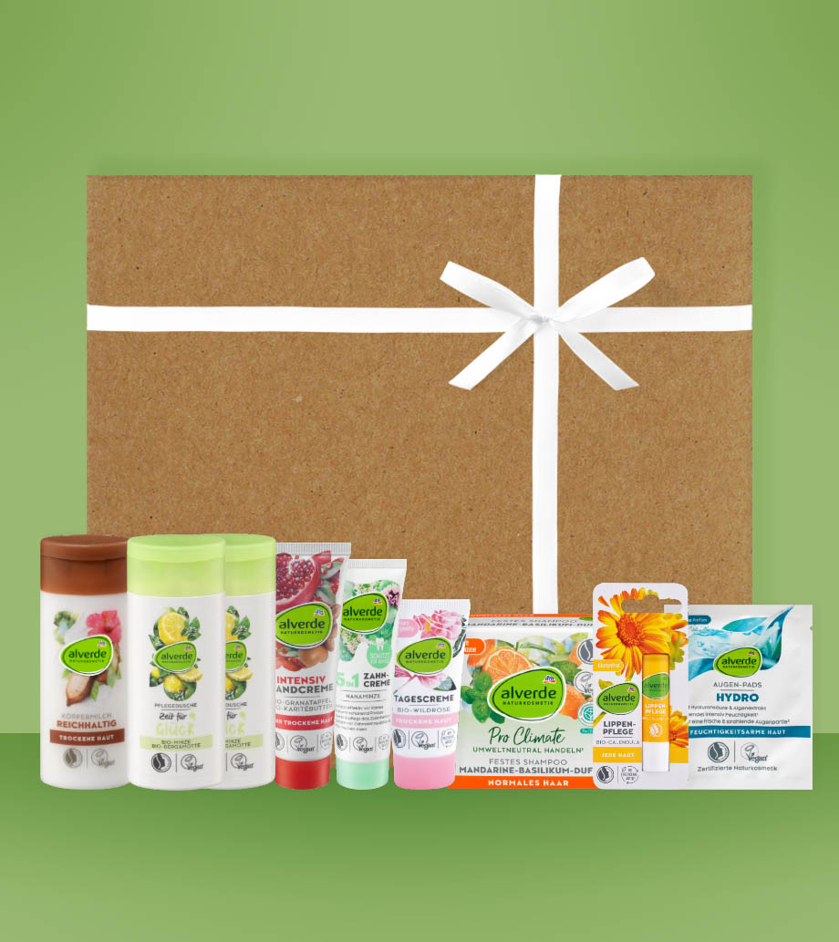 Darček pre ženy, priateľku, mamu, sestru, dcéru, manželku - Kozmetický darčekový box Miniaturky na cesty Alverde Naturkosmetik - Prírodná starostlivosť o telo a pleť