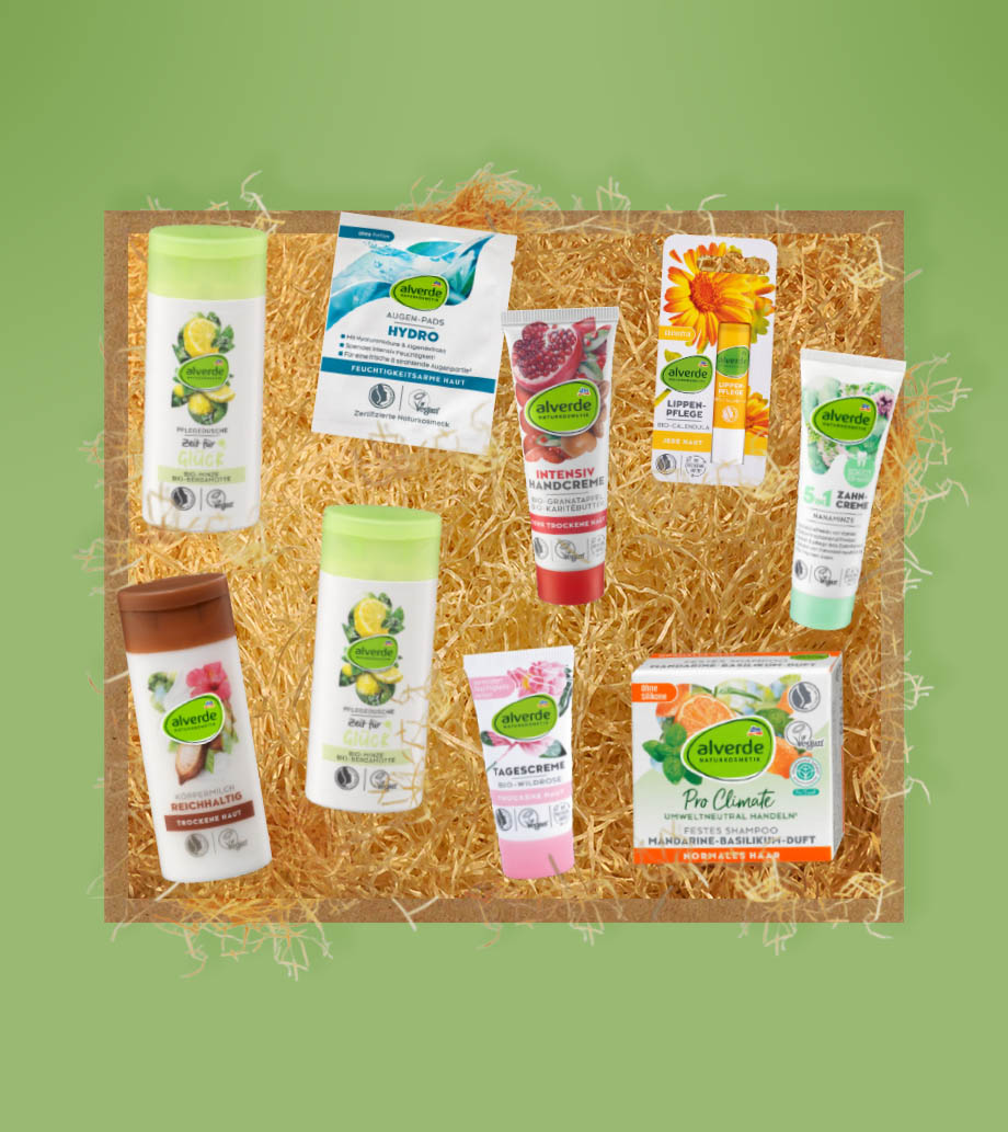 Darček pre ženy, priateľku, mamu, sestru, dcéru, manželku – Kozmetický darčekový box Miniaturky na cesty Alverde Naturkosmetik - Prírodná starostlivosť o telo a pleť